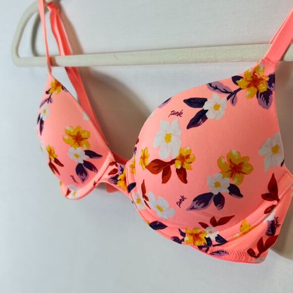 PINK Wear Everywhere Peach Multicolored Floral Underwire Lined T-Shirt Bra 32B - Picture 4 of 12